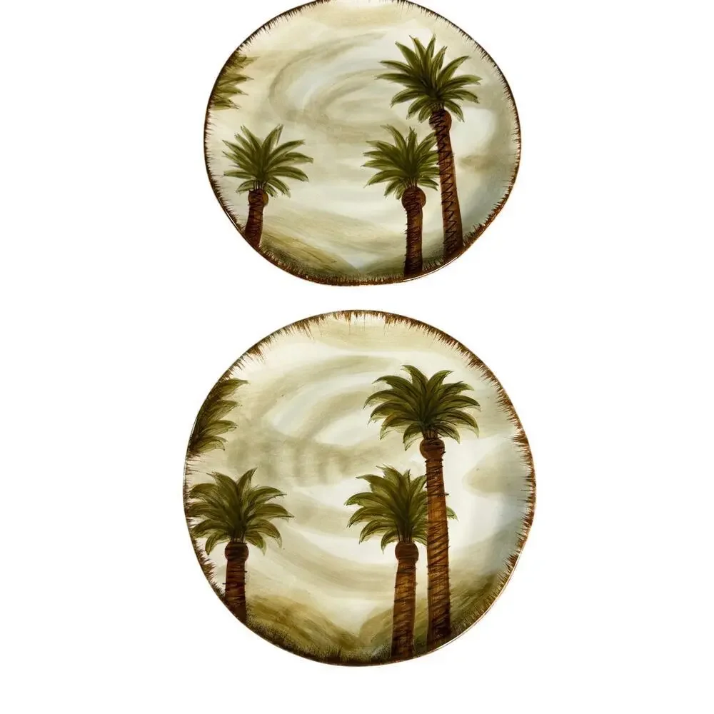 Set of 2 Z Gallerie Fiji Hand Painted Palm Tree Plates 9